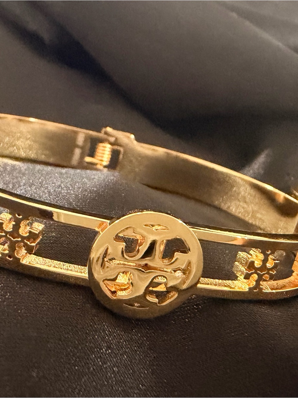 Tory Burch Gold Logo Cutout Hinged Bangle Bracelet